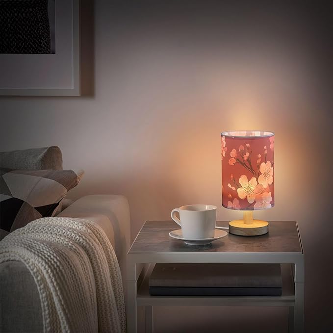 Red Cherry Blossom LED Table Lamp, Bedside Lamp with Linen Lampshade, Flicker-Free Eye Care USB Plug in Nightstand Lamp, for Bedroom and Office