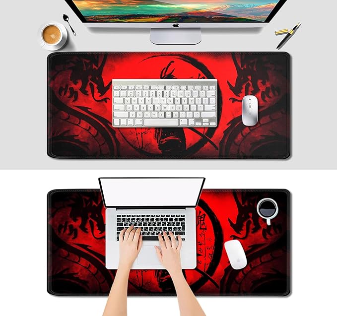 IMAYONDIA Japanese Samurai Large Gaming Mouse Pad for Laptop, Cool Anime Red Black Dragon Desk Mats, Computer Pad Desktop Mat for Gaming Player Office Extra Large Mousepad, 35.4x15.7 in