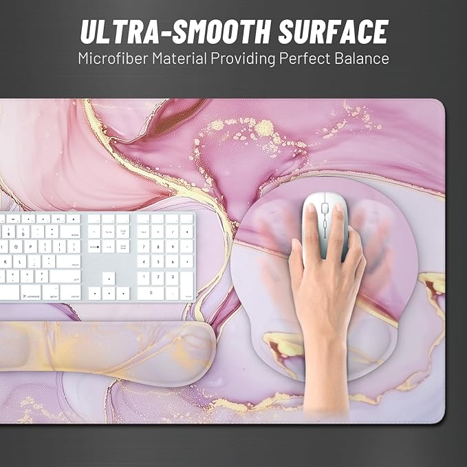 Ovenbird Mouse Pad Set 4-in-1 | Large Gaming Mousepad, Keyboard Wrist Rest, Mouse Wrist Support, Coaster | Ergonomic Office Desk Mat Accessories for Women Men | 4PCS, 35.4 x 15.7in, Pink Marble