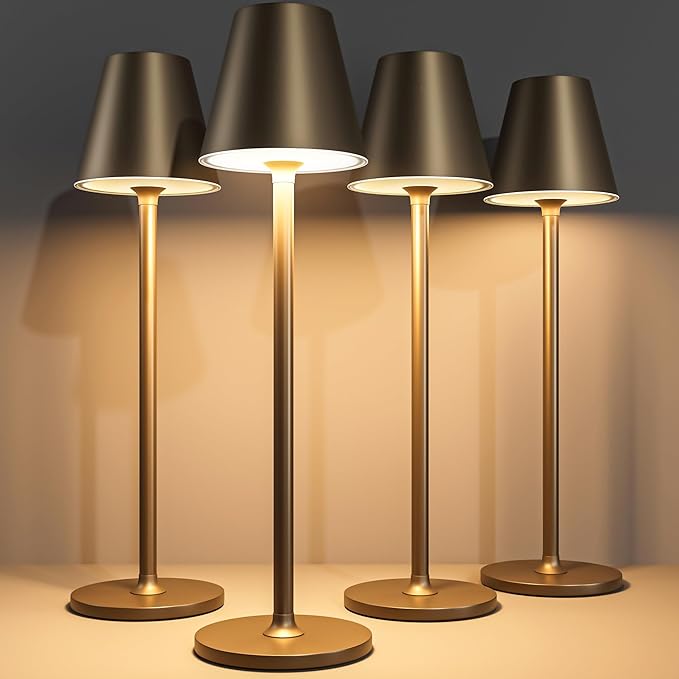 4-Pack Cordless Table Lamps - 5000mAh Rechargeable Battery Operated Desk Lamp, 3-Level Dimmable LED Night Light for Bedroom, Dining, Restaurant - Metal Design(Kahaki-4PACK)