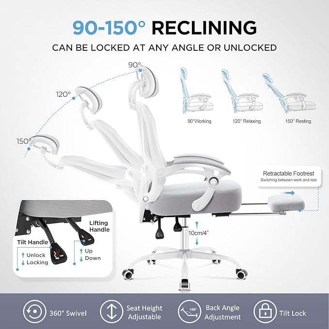 Ergonomic Office Chair with Footrest,Ultra Thick Reclining Office Desk Chair with Adjustable 2D Lumbar Support and Headrest,Spring Cushion,High Back Premium Mesh Computer Chair Office Chairs,Grey