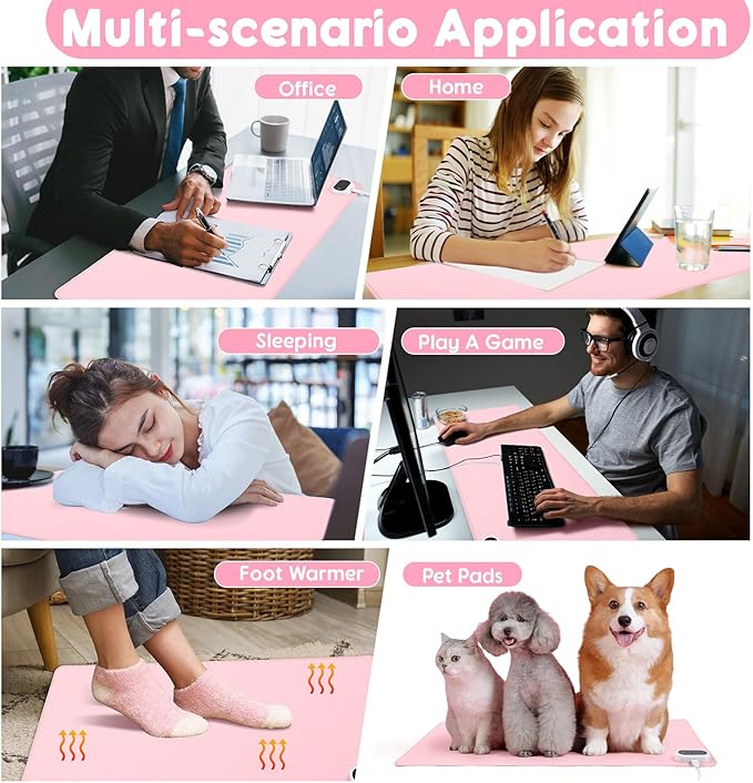 Konohan Heated Desk Pad Warm Mouse Pad, 5 Heating Level & 4 Hour Auto Shut-Off, PU Leather Warm Mouse Mat Heating Keyboard Gaming Mice Warmer Mat Only Supports 110v(Pink Color,31.5" X 13")