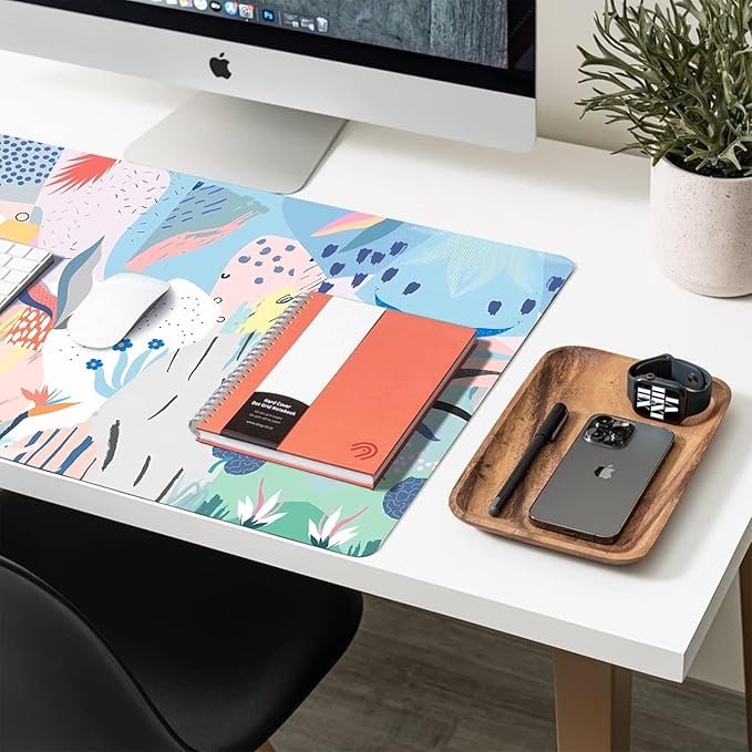 Desk Mat Large Protector Pad 27.5" ×13.8", Non-Slip PU Leather Desk Blotter, Waterproof Mouse Pad for Office Home Flowery