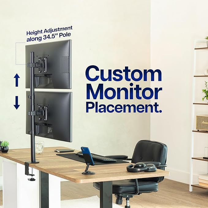 VIVO Dual Vertically Stacked Monitor Desk Mount, Extra Tall Adjustable Stand for 2 Ultrawides up to 34 inches, 22 lbs Capacity, Black, STAND-V002T