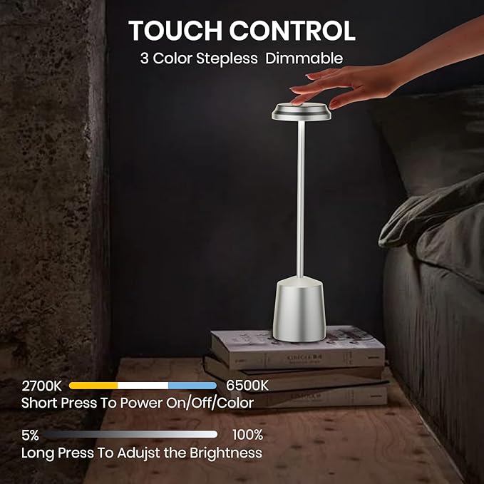 LED Cordless Table Lamps, Portable Rechargeable 5000mAh Battery Operated Table Light, 3 Color Stepless Dimming Touch Control, Desk Lamp for Dinner/Bedroom/Restaurant/Bars/Coffee Shop