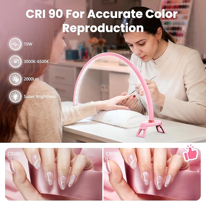 Yokilly Arc Half Moon Light: 20" Half Moon Light with Foldable Bracket for Desk Salon Table Use - No Flicker & Shadow-Free Desk Lamp with Stepless Brightness 3000-6500K for Manicurist Nail Tech