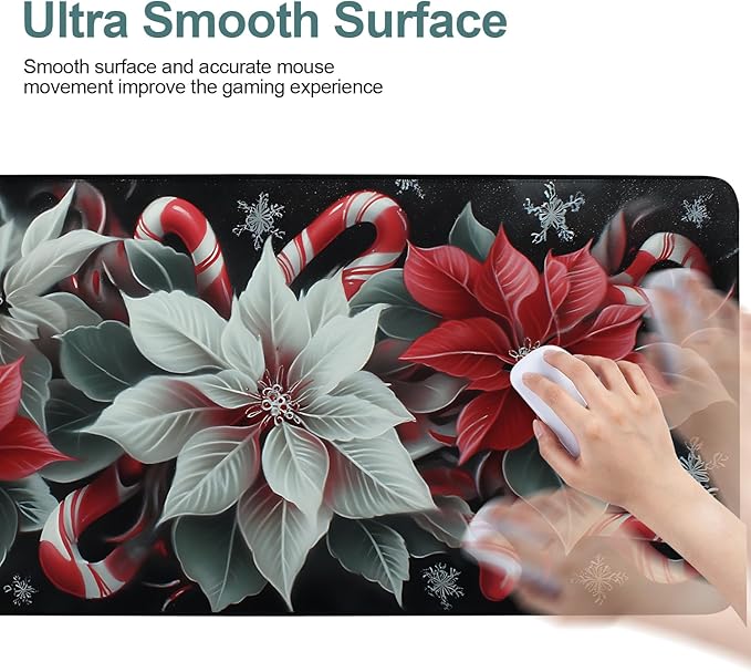 Christmas Flowers Extended Gaming Mouse Pad 35.4x15.7Inch Large Desk Mat Anti-Slip Rubber Base & Durable Stitched Edges for Gamers Smooth Mouse Writing Surface for Desk Office/Home
