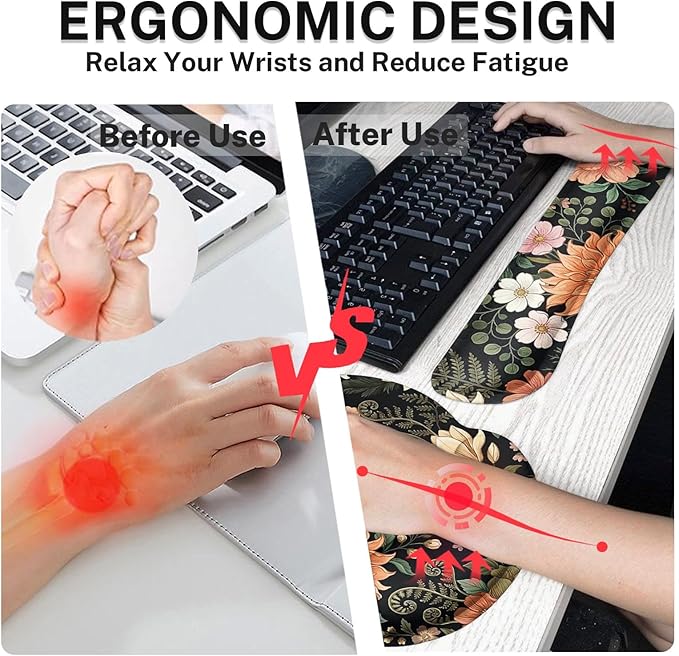 Arttown Spring Flower Desk Mat Leaves Floral Colorful Mouse Pad Set 4 in 1 Ergonomic Design Large Mousepad + Keyboard Wrist Rest + Mouse Wrist Rest + Coaster Suitable for Home Office Study Game