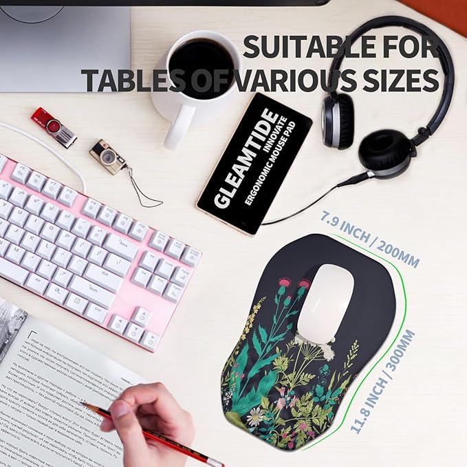 Ergonomic Raised Mouse Pad Wrist Support with Bilateral Slope Memory Foam Mousepad for Wrist Rest and Carpal Tunnel 11.8x7.9〃Midnight Flowers