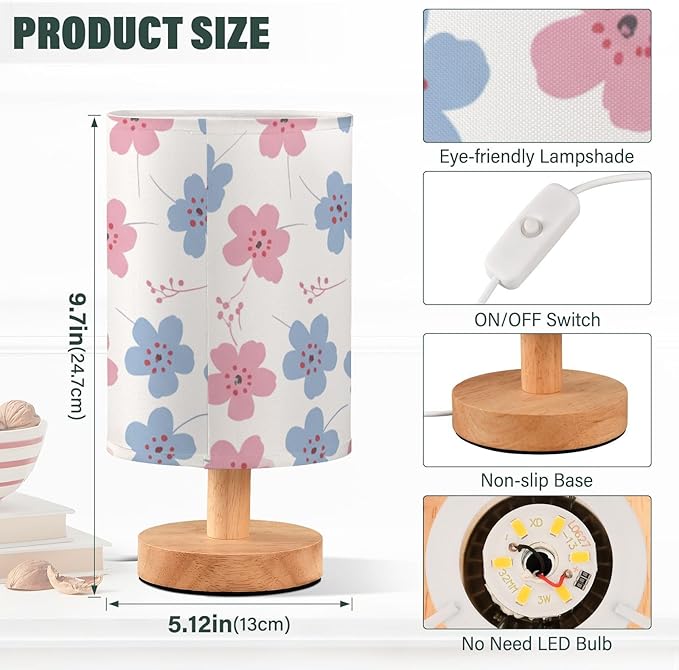 Blue Floral LED Table Lamp, Bedside Lamp with Linen Lampshade, Flicker-Free Eye Care USB Plug in Nightstand Lamp, for Bedroom and Office