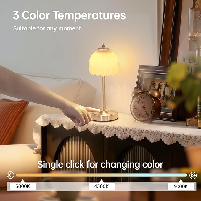 Tulip Table Lamp with 5200mAh Battery & Touch Control, Cordless Small Table Lamp with 3 Colors, Dimmable Rechargeable Table Lamps for Living Room, Bedroom, Desk, Bedside (Creamy Yellow Tulip)