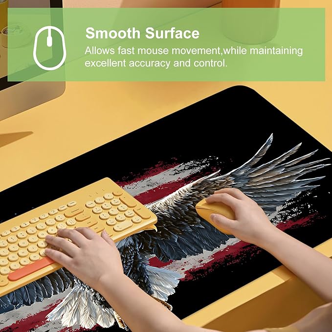 Desk Mat, XXL Extended Gaming Pad for Desktop, 35x16 Inches Patriotic Bald Eagle US Flag Design, Large Non-Slip Vegan Leather Surface with Stitched Edges, Keyboard Mouse Mat for Home Office