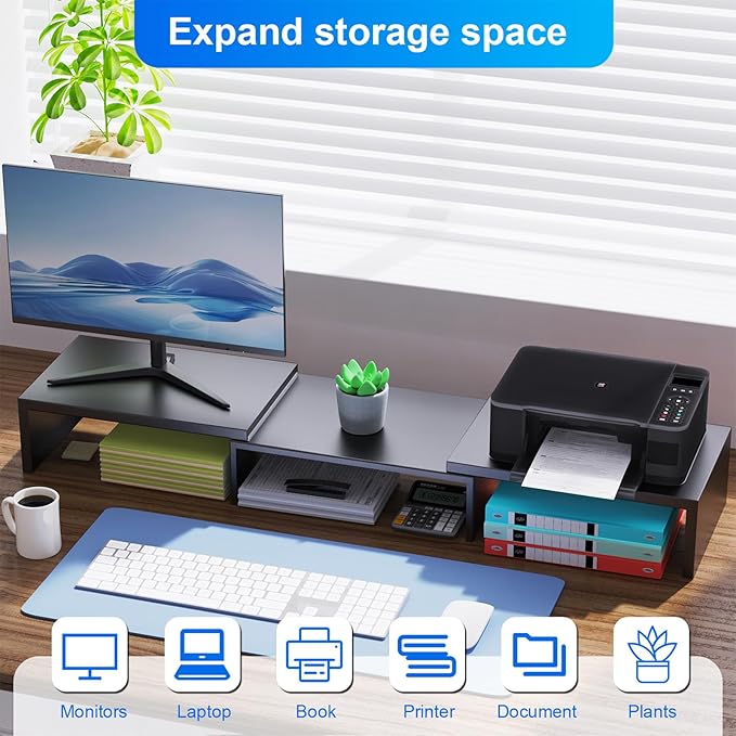 Desk Organizers and Accessories, Dual Monitor Stand Riser, Monitor Desk Shelf for Desktop Organization (Black)