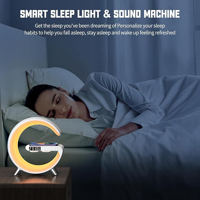 4-in-1 Wireless Charger Atmosphere Lamp, Bluetooth Speaker, LED Dimmable Night Light Table Lamp, Alarm Clock, Ideal Birthday Gift Room Decor (White, Key Control)