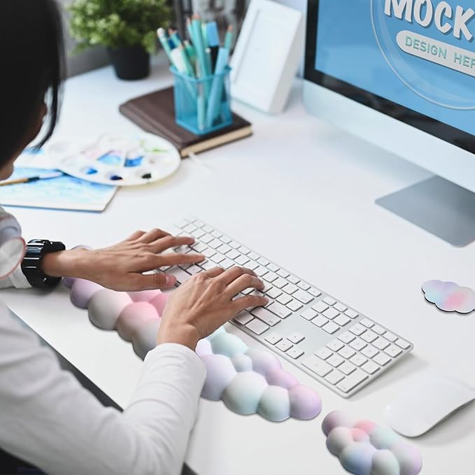Cloud Wrist Rest Keyboard, PU Leather Memory Foam Wrist Support for Computer Keyboard, Ergonomic Keyboard Pad and Cute Mouse Wrist Pad for Gaming, Office, Computer, Easy Typing, Rainbow