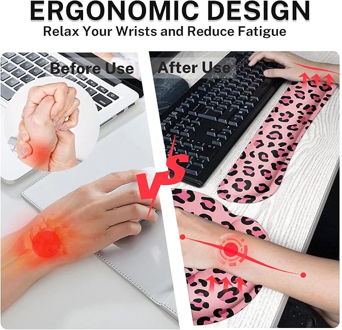 Arttown Leopard Desk Mat Pink and Black Leopard Mouse Pad Set 4 in 1 Ergonomic Design Large Mouse Pad + Keyboard Wrist Rest + Mouse Wrist Rest + Coaster Suitable for Home Office Study Game