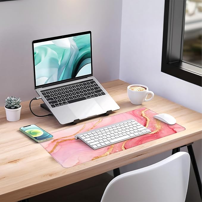 Pink Marble Extended Gaming Mouse Pad 31.5x11.8inches Large Desk Mat Anti-Slip Rubber Base & Durable Stitched Edges for Gamers Smooth Mouse Writing Surface for Desk Office/Home
