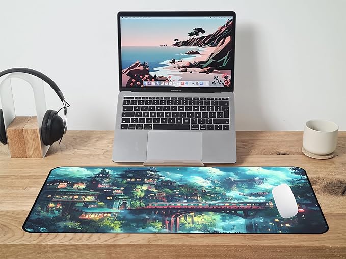 Japanese Anime Desk Mat, Green Forest Mouse Mat XXL, Game Desk Pad, Fantasy Architecture Computer Keyboard Mat, Wireless Mousepad Large,Natural Landscape Home Office Desktop Decor 31.5"X15.7"