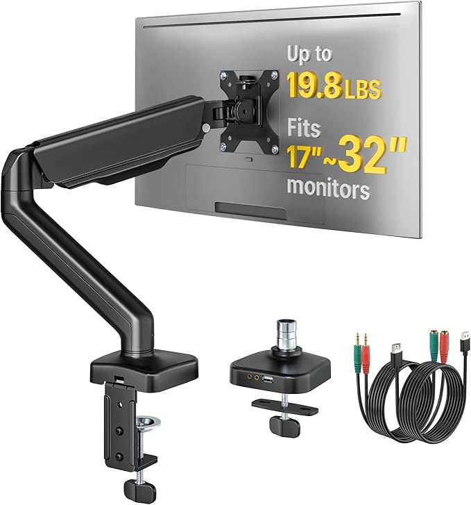 monTEK Single Monitor Arm with USB Fully Adjustable Monitor Mount Fits 17-32 inch Screens Desk Monitor Stand up to 19.8lbs with Clamp/Grommet, Cable Management, Quick Release Plate, VESA 75/100mm