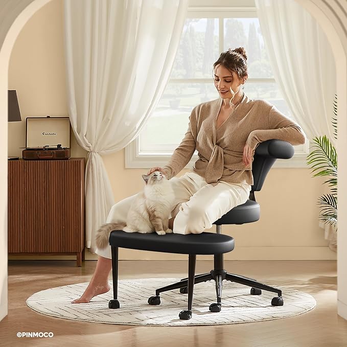 Ergonomic Cross Legged Office Chair Extra Wide for Focus and Meditation, Kneeling Chair with 360° Swivel Wheels and Reversible Seating, Adjustable Height and Seat Depth, PU Leather, Black