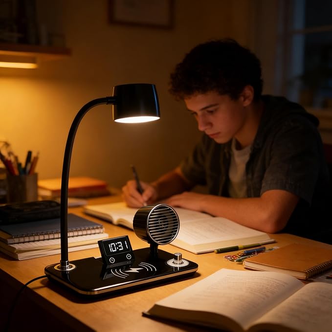 LED Desk Lamp for Office Home, Modern Desk Light with 15W Wireless Charger, Bluetooth Speaker & Digital Clock, 3 Color Temperature, Eye-Caring Study Lamp, Flexible Gooseneck, Black