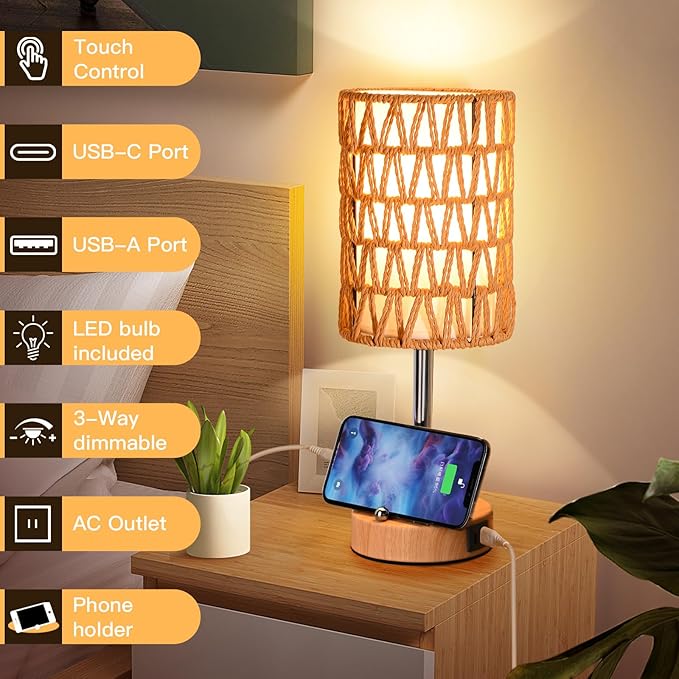 Rattan Table Lamps for Living Room, 3 Way Dimmable Touch Lamps, Small Bedside Lamps with LED Bulbs, Phone Stand, USB Ports and AC Outlet, Boho Nightstand Lamp for Bedroom Office (2 Pack Faux Wood)