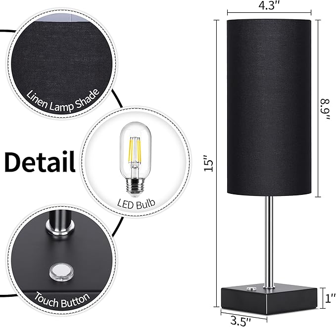 AVV Cordless Table Lamp with Dimmable, Rechargeable 3 Modes Battery Powered Bedside Lamp, Battery Operated Lamps for Night Stand, Touch Lamp for Bedroom, Living Room, Reading,15 Inch Black 2PK