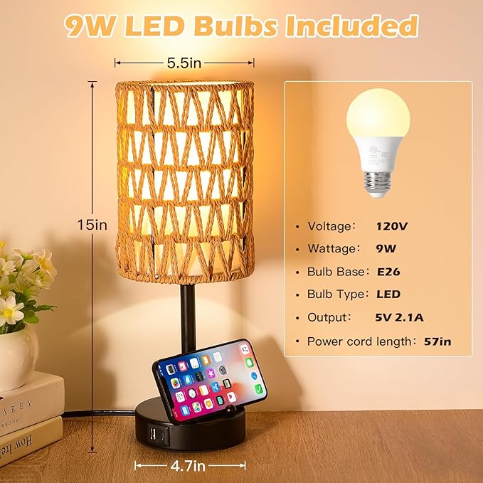 Rattan Table Lamps for Living Room, 3 Way Dimmable Touch Lamps, Small Bedside Lamps with LED Bulbs, Phone Stand, USB Ports and AC Outlet, Boho Nightstand Lamp for Kids Room, Bedroom, Office (2 Pack)