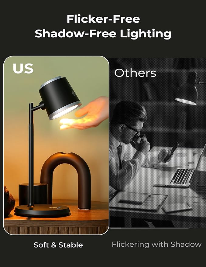 Modular LED Desk Lamp for Home Office, Eye-Caring Table Lamp Dimmable Rechargeable with 360°Adjustable Head, 3 Color Temperatures & Stepless Brightness, Touch Control & Memory, Multi-Scene Use, Bkack