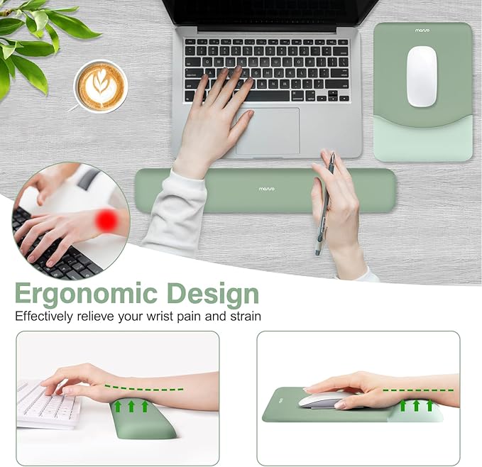 MOSISO Wrist Rest Support for Mouse Pad&Keyboard Set, Rectangular Ergonomic Mousepad Non-Slip Base Home/Office Easy Typing Pad with Neoprene Cloth&Raised Silicone Lining, Green