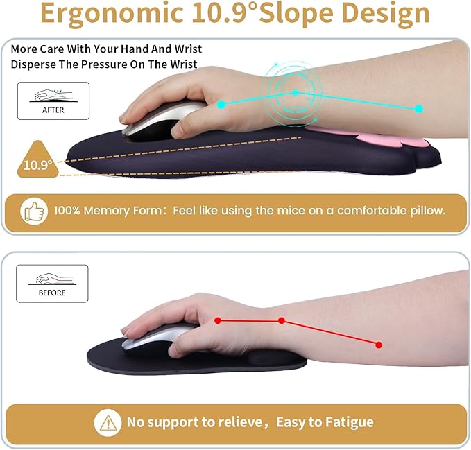L-SPOUTTO Ergonomic Mouse Pad with Wrist Rest,Cute Cat Paw Mousepad Wrist Support,Comfortable Massage Design Computer Pain Relief Mouse Pad with Non-Slip PU Base for Desk Laptop Gaming Office,Black