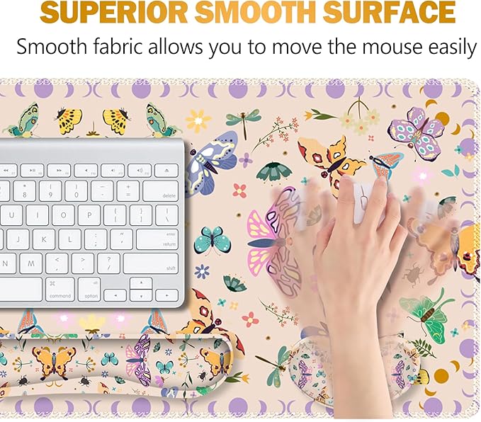 ARTSO Desk Mat Set, Apricot Extended Gaming Mouse Pad with Wrist Rest Support +Keyboard Wrist Rest +Coaster, Large Cute Butterfly Mousepad, Easy Typing & Comfort