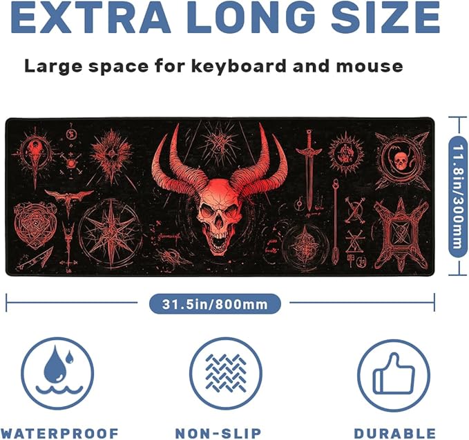 Magic Gaming Mouse Pad Large Desk Mat Red Dark Skull Mousepad for Keyboard and Mouse Extra Large Full Desk Computer Pads 31.5 x 11.8 Mouse Pads for Desk Home Office Gaming