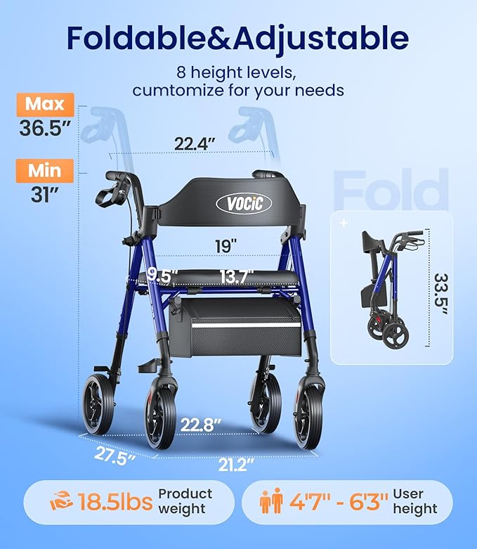 VOCIC Walkers for Seniors, Z21 Rollator Walker with Seat Supports 350lb, 8" Big Wheels for All Terrain, Ergonomic Arc Seat & 6" Ultra Backrest Foldable Walker, Dual Height Adjustment, Lightweight 2026
