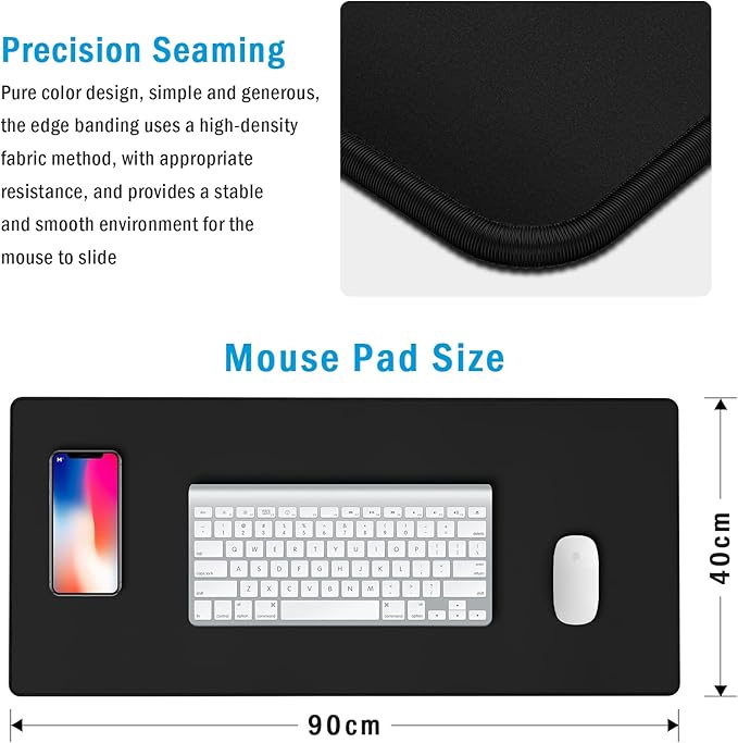 Gaming Mouse Pad Large XXL (35.4×15.75×0.12in) Thick Extended Mouse Mat Non-Slip Spill-Resistant Desk Pad with Special-Textured Surface, Anti-Fray Stitched Edges for Keyboard, PC - Black