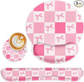 Britimes Pink Bow Checkered Cute Retro Kawaii Ergonomic Mouse Pad Set with Wrist Rest Non-Slip Rubber Base Wrist Cushion Support and Coasters Mousepad with Wrist Support for Computer Keyboard and Desk
