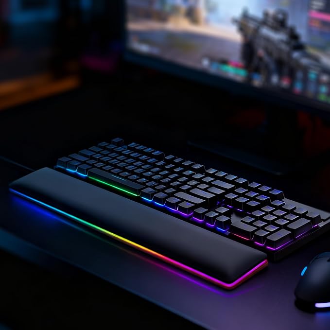 ASFSKY RGB Keyboard Wrist Rest, Ergonomic Wooden Wrist Support with PU Leather & Memory Foam, Non-Slip and Easy-to-Clean Design, Wrist Pad for Mechanical Keyboard, Gaming & Office Use