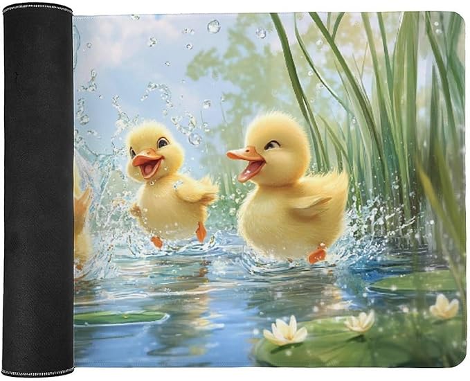 Large Ergonomic Gaming Mouse Pad Playful Ducklings in Pond - Cute Waterfowl Theme with Non-Slip Base Water-Resistant Surface and Stitched Edges 40x90cm