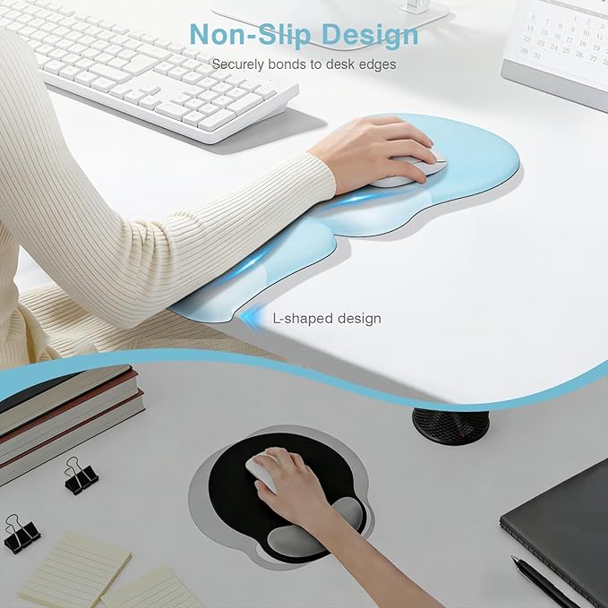 Ospelelf Mouse Pad with Wrist Rest Set Foam L-Shaped Desk Elbow Pad Ergonomic Desk Edge Cushion Anti-Slip Rubber Bottom Office Women Desk Accessories for Computer, Laptop and Gaming, Blue