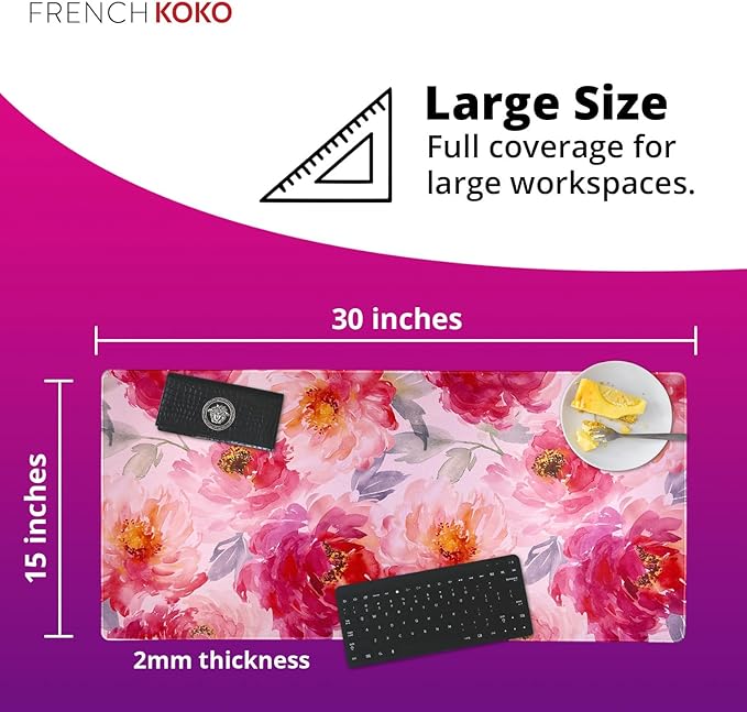 French KOKO Large Mouse Pad Desk Mat 15" x 30" – Extended Floral Desk Protector for Keyboard & Mouse – Non-Slip Waterproof Cute Office Pad Aesthetic Workstation Mat
