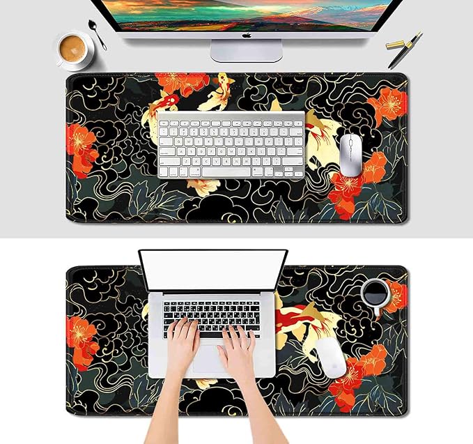 IMAYONDIA Japanese Koi Desk Mat (35.4x15.7 in), Extended Large Gaming Mouse Pad, Long Desk Pad with Stitched Edge, Black Gold Mouse Mat Desk Pad Office Accessories Decor Gift