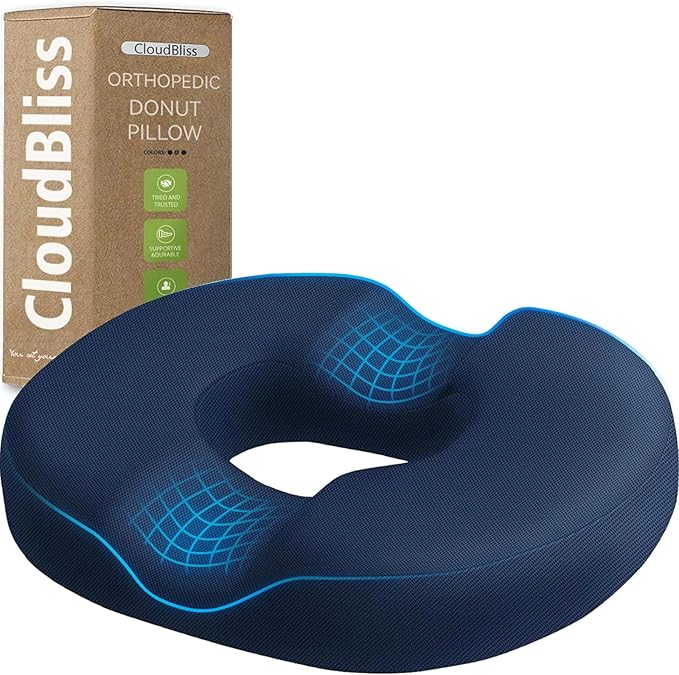 CloudBliss Donut Pillow Seat Cushion for Coccyx & Tailbone Support, Memory Foam Seat Chair Cushion for Postpartum Pregnancy, Seat Cushions for Men and Women for Home & Office, (Blue-XL)