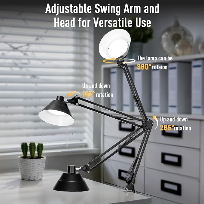 Led Desk Lamp for Home Office - Swing Arm Desk Lamp with Clamp - Architect Adjustable Gooseneck Table Lamp with 5 Color Modes & 10 Brightness for Reading Working Drafting (Black)