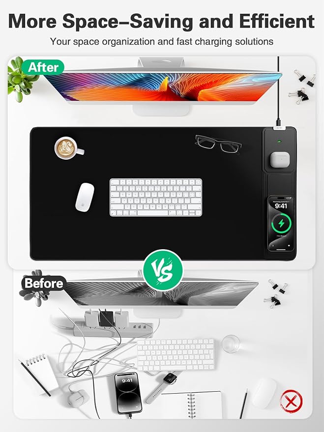 Mouse Pad with Foldable Phone Holder, Wireless Charging Desk Mat, 31.5"x15.8" Large Mousepad with Superior Micro-Weave Cloth, XXL Desk Pad with Non-Slip, Waterproof Keyboard Pad for Home & Office