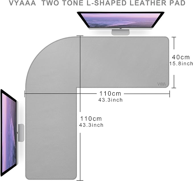 Vyaaa L-Shaped Leather Desk Pad, Gaming Mouse Pad for Corner Desk Mat, Office and Home, 43 x 43 x 15.7 Inch, Light Gray