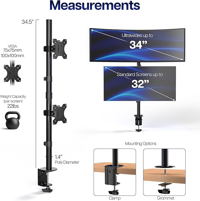 VIVO Dual Vertically Stacked Monitor Desk Mount, Extra Tall Adjustable Stand for 2 Ultrawides up to 34 inches, 22 lbs Capacity, Black, STAND-V002T