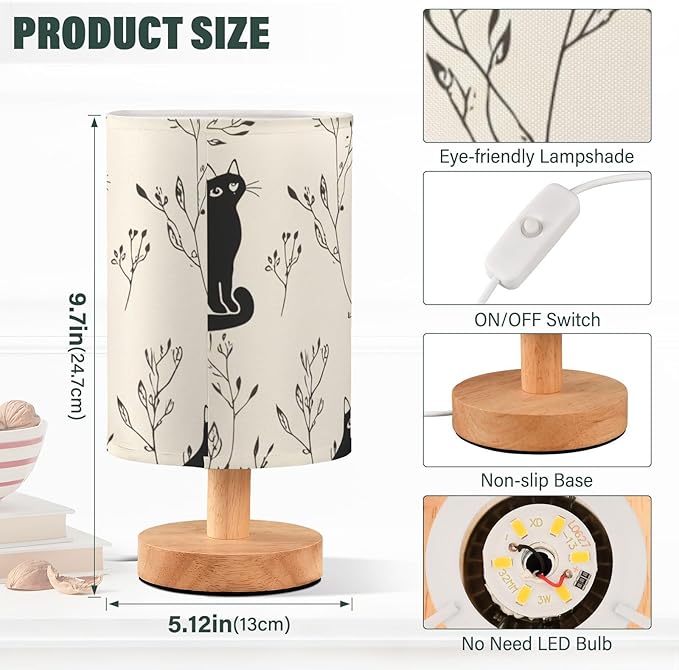 Cat LED Table Lamp, Bedside Lamp with Linen Lampshade, Flicker-Free Eye Care USB Plug in Nightstand Lamp, for Bedroom and Office