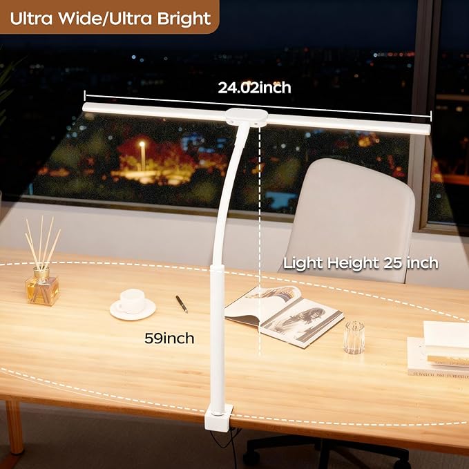 LED Desk Lamp with Clamp, Double Head Adjustable Architect Light, Eye-Caring Monitor Desk Lamp for Home Office, Flexible Gooseneck Task Lamp with 10 Brightness Levels & 5 Color Temperature Modes White