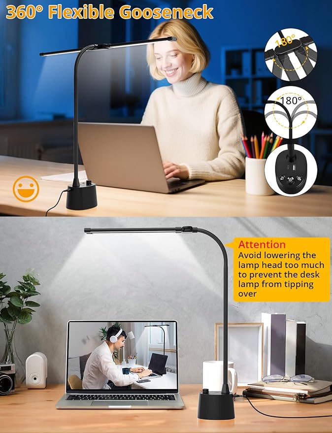 Desk Lamp, Dual Head, Smart USB A+C Charging Port, 5 Color Modes Dimmable, 2600 Lumens 12W Wide-Angle Lighting Table Lamp, 49cm Height for Bedside Reading, Office, Study, Crafts, Draw