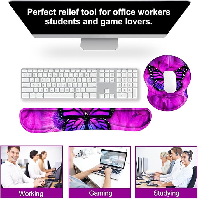 ARTSO Ergonomic Mouse Pad with Wrist Rest, Comfortable Keyboard Wrist Rest, Memory Foam Mousepad for Computer Keyboard, Mouse Pad Set for Easy Typing & Comfort, Purple Butterfly